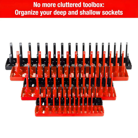 Six Piece Socket Organizer Tray Set For One Quarter Three Eighths And One Half Inch Drives With Red SAE and Black Metric Storage