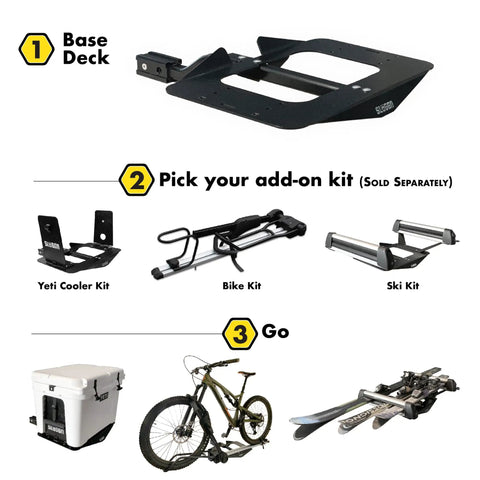 Modular Cargo Carrier Hitch Mount Deck Build Your Own System Or Add On Kits For Bikes Skis Coolers with base deck and add-ons.