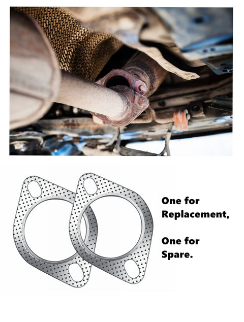 Two 2.5-inch exhaust flange gaskets for 2-bolt muffler flange, high-temperature perforated metal.