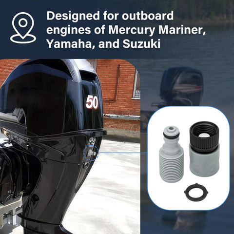 Outboard Quick Connect Flush Kit For Mercury, Mariner, Yamaha And Suzuki Engines With Built In Check Valve And Hose Adapter For Easy One Step Flushing Compatible With Standard Five Eighth Inch ID Garden Hoses With Slide Valve And O Ring Seal