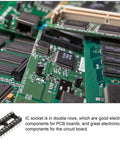 Close-up of DIP IC Socket Adapter Kit For PCB Projects 2.54mm Pitch 18 Round Pins on circuit board with green background.