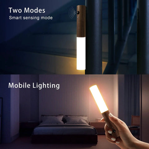 Wooden LED Night Lights With Motion Sensor Dual Sensing Photosensitive And Infrared, rechargeable wall torch light, 2-pack