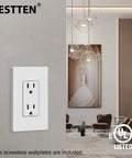 Decorator Receptacle Outlet with Mid-Size Screwless Wall Plate, 15 Amp 125V, UL Listed, shown in modern living space with tamper resistant design.