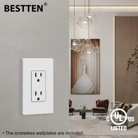 Decorator Receptacle Outlet with Mid-Size Screwless Wall Plate, 15 Amp 125V, UL Listed, shown in modern living space with tamper resistant design.