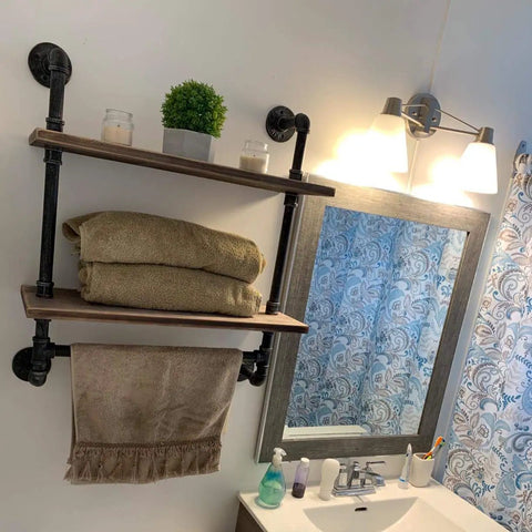 Industrial Rustic Bathroom Shelves Wall Mounted 19.7 Inch Two Tier With Towel Bar, Metal Pipe Storage For Kitchen And Bathroom, Floating Over Toilet Shelf, Space Saving Built To Last Dark Wood Finish
