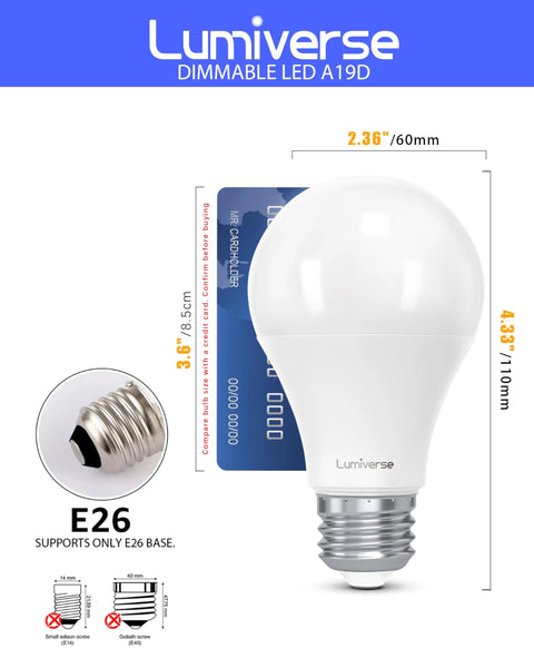 Bright A19 LED Light Bulbs 60W Equivalent 9W Soft White 2700K 800 Lumens E26 Base Non Dimmable UL Listed 6 Pack For Home And Office Use With Warm Vibes And Energy Savings, shown with measurements next to a credit card for scale.