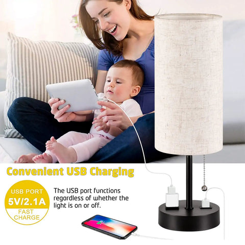 Two Pack Bedside Table Lamps With USB Charging Port And AC Outlet, black finish, charging devices, linen shade, living room setup