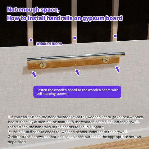 Heavy Duty 3 Ft Industrial Metal Handrail Kit Featuring Solid 304 Stainless Steel Wall Mount Grab Bar for installation on gypsum board.