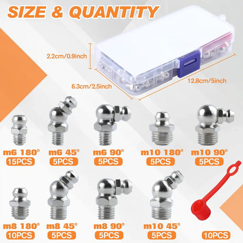 Image of 70 Pcs Metric Hydraulic Grease Fittings Kit M6 M8 M10 Straight 45 Degree 90 Degree Angled Zerk Fittings with Case