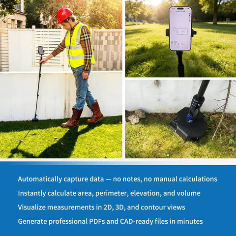 Digital Measuring Wheel With Smart App To Walk And Measure Distance And Area Across Gnarly Terrain No Tape Drama Just Pure Precision For Daily Grind Jobs And Quick Fixes in use on grassy terrain.