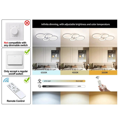 Modern Metal And Acrylic LED Flush Mount Ceiling Light With 56W Power, 3000K To 6500K CCT, Room Filling Lighting For Living Room Kitchen Bedroom Dining, 24 Inch Diameter, Easy Mount Fixture, Not Compatible With Dimmer Switch