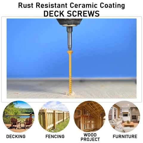 Close-up of 10 X 3 Deck Screws 10 Lb Box Exterior Epoxy Coated Wood Screws Rust Resistant For Outdoor Decking in wooden deck.