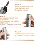 Rechargeable Handheld Milk Frother With Stainless Steel Stand Three Speeds Electric Milk Whisk For Latte And Cappuccino Cordless Coffee Mixer With Type C Charging Easy One Touch Frothing For Barista Quality Drinks instructions showing the steps to operate the frother.