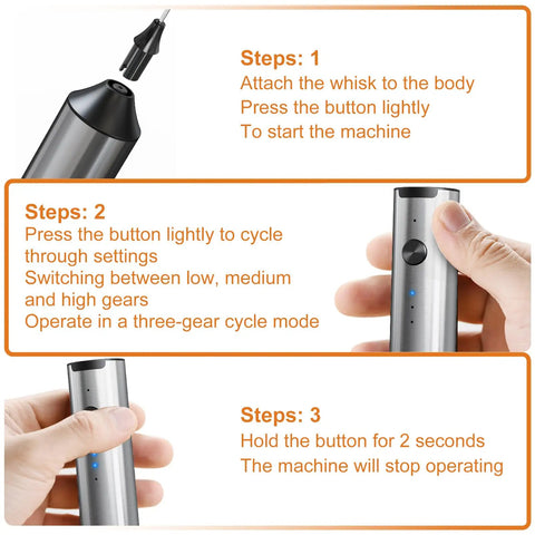 Rechargeable Handheld Milk Frother With Stainless Steel Stand Three Speeds Electric Milk Whisk For Latte And Cappuccino Cordless Coffee Mixer With Type C Charging Easy One Touch Frothing For Barista Quality Drinks instructions showing the steps to operate the frother.