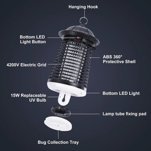 Outdoor And Indoor Mosquito Killer Zapper With Beastly 4200V High Powered Waterproof Design, showing components and features