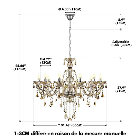 10-Light Crystal Chandelier In Cognac Champagne Finish With K9 Crystal Beads dimensions diagram