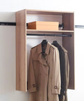 Modern Oak Wall Closet Organizer With Modular Shelves And Kickass Hanging Rod Heavy Duty Mounted Storage Rack For Bedroom Entryway And Laundry Room No Sweat Setup with two coats and storage box.