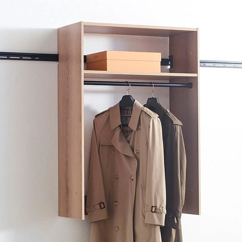 Modern Oak Wall Closet Organizer With Modular Shelves And Kickass Hanging Rod Heavy Duty Mounted Storage Rack For Bedroom Entryway And Laundry Room No Sweat Setup with two coats and storage box.