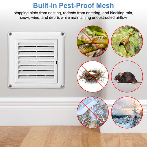 12 Pack 4 Inch Louvered Vent Covers For Exterior Vents With Built In Fly Screen Mesh And 4 Screws Easy Installation Stops Birds Nesting For Dryer Exhaust Bathroom Kitchen Office Home, showing vent cover with pest-proof mesh features.