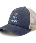 Lightweight Plain Trucker Cap For Men With Anti Sweat Band, All Season Comfort, blue front with mesh back, side view