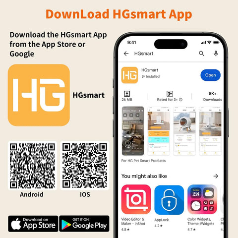 Image of HGsmart app on smartphone showing features for Dead Simple Smart Cat Feeder With Solid Wifi And Smartphone App Control.