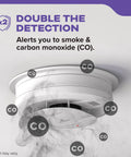 Ceiling-mounted hardwired smoke and carbon monoxide detector with battery backup, 2-pack interconnectable 120V AC, LED lights.