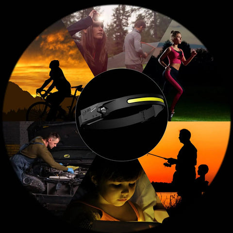 Rechargeable LED Headlamp Two Pack With 230 Degree Wide Beam Motion Sensor used during outdoor activities collage