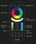 MR16 Color Changing LED Spotlight 4 Watt 4 Pack RGB Plus CCT Kit With 4 Zone FUT092 Remote showing labeled controls and features