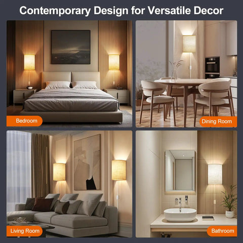 Plug In Wall Sconces Set Of Two With Three Adjustable Color Temperatures And Built In Switch For Hassle Free Plug And Play Lighting That Brings Solid Vibes To Your Space used in bedroom, dining room, living room, and bathroom settings.