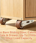Zero Hassle Smooth Roll Vertical Track Roller Wheels Heavy Duty Anti Sagging Barn Door Support Casters With Mounting Nails Quiet Rubber Hangers For Cabinets Wooden Gates Drawers And Closets Pack Of Four visible on cabinet with brown wheels and metal supports.