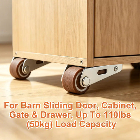 Zero Hassle Smooth Roll Vertical Track Roller Wheels Heavy Duty Anti Sagging Barn Door Support Casters With Mounting Nails Quiet Rubber Hangers For Cabinets Wooden Gates Drawers And Closets Pack Of Four visible on cabinet with brown wheels and metal supports.