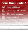 SBR20 2200mm Linear Rail Guide Kit with 2 rails, smooth motion, corrosion-resistant and long service life features displayed.