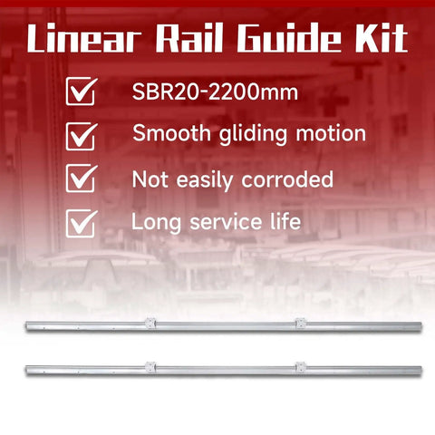 SBR20 2200mm Linear Rail Guide Kit with 2 rails, smooth motion, corrosion-resistant and long service life features displayed.