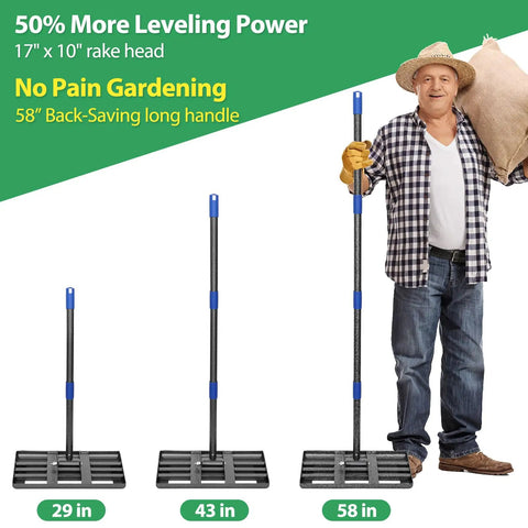 Beast Of A Heavy Duty Lawn Leveling Rake With 17 By 10 Inch Head And 5 Foot Handle next to person holding gardening sack