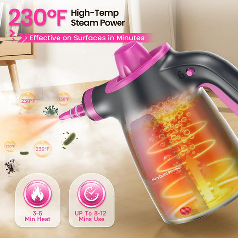 Heavy Duty Pressurized Handheld Steam Cleaner With 12 Piece Attachment Kit For A Sweet And Slick Deep Clean showing vapor at 230°F.