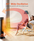 36 Inch Tower Space Heater For Large Rooms With 1500W Ceramic Electric Fireplace Effect, Adjustable Thermostat, Realistic 3D Flames, Smooth Oscillation And Wireless Remote Slams The Freeze Like A Champ in use with 60-degree oscillation in a cozy living room.