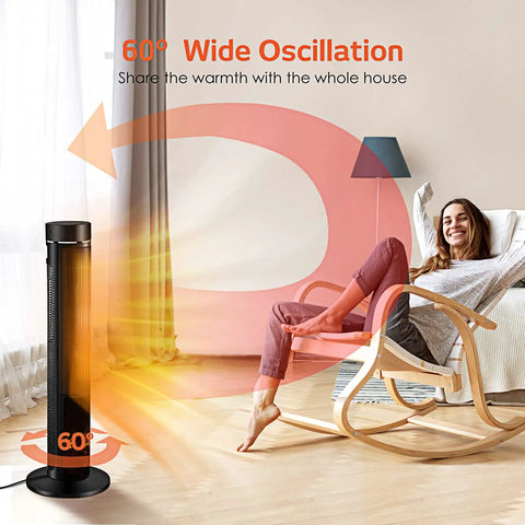 36 Inch Tower Space Heater For Large Rooms With 1500W Ceramic Electric Fireplace Effect, Adjustable Thermostat, Realistic 3D Flames, Smooth Oscillation And Wireless Remote Slams The Freeze Like A Champ in use with 60-degree oscillation in a cozy living room.