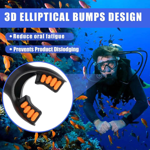 Image of silicone scuba diving mouthpiece regulator replacement with 3D elliptical bumps, diver swimming surrounded by fish