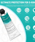Go-To Food Grade Silicone Grease For High Vacuum And Seals Waterproof And Chemical Resistant High Temperature Tolerant From -40 F To 400 F Ideal For O-Rings Valves And Sealing Rubber And Plastic Components 5.3 Oz Tube Low Volatility in a tube next to benefits icons.