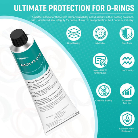 Go-To Food Grade Silicone Grease For High Vacuum And Seals Waterproof And Chemical Resistant High Temperature Tolerant From -40 F To 400 F Ideal For O-Rings Valves And Sealing Rubber And Plastic Components 5.3 Oz Tube Low Volatility in a tube next to benefits icons.