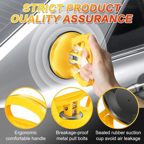 Three Pack Car Dent Repair Tool Kit With Powerful Suction Cup Dent Pullers, Includes One 4.5 Inch Large Puller And Two 2.2 Inch Small Repairers, Great For Car Body Dents And Auto Body Repair Projects. Yellow suction cup dent puller on car panel