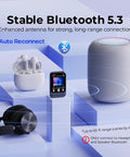 64GB Clip MP3 Player With Bluetooth 5.3 And Built In Speaker on display with headphones, earbuds, and a speaker highlighting Bluetooth connectivity.
