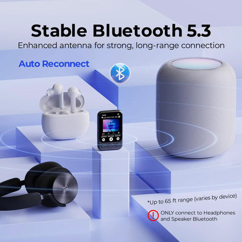 64GB Clip MP3 Player With Bluetooth 5.3 And Built In Speaker on display with headphones, earbuds, and a speaker highlighting Bluetooth connectivity.