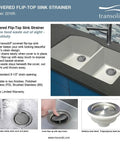 Transolid covered flip-top sink strainer showing flip-top operation and sink compatibility, polished and brushed stainless finish options