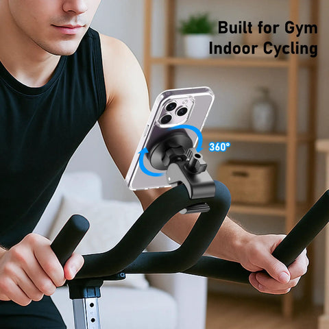 Ultra Strong Magnetic Phone Holder Clamp Mount on gym bike handlebar with iPhone set at 360° rotation for indoor cycling.