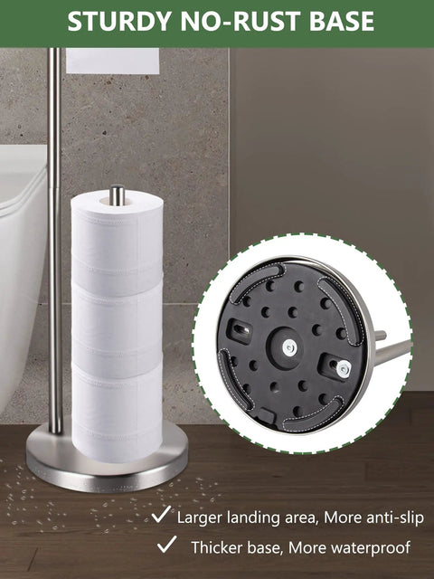 Freestanding Toilet Paper Holder With Storage In Brushed Nickel Stainless Steel Stand For Bathroom Fits 4 Rolls Extra Roll Storage