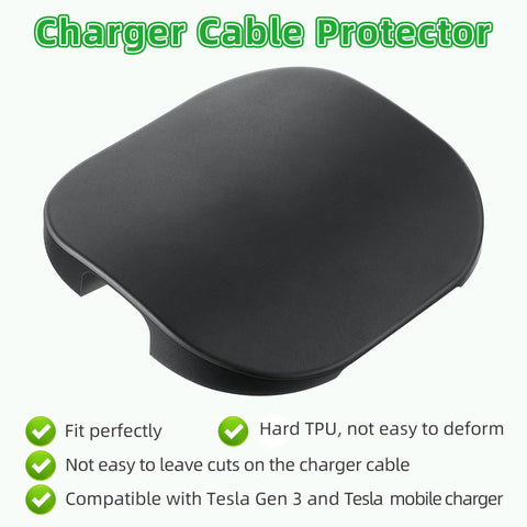Black TPU charger cable protector for Tesla Gen 3 Model 3/Y/X/S, prevents door crushes, fits garage door passthroughs.