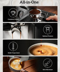 All-In-One Espresso Machine With Built-In Grinder, 58mm Portafilter, 15 Bar Pressure, showing grinding and frothing features.