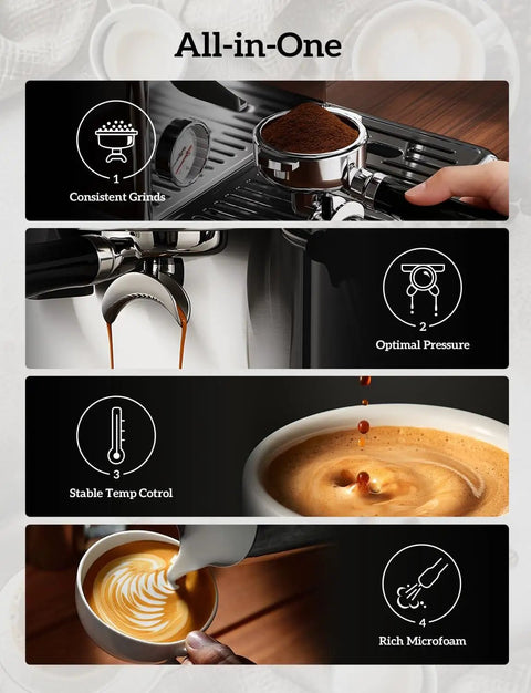 All-In-One Espresso Machine With Built-In Grinder, 58mm Portafilter, 15 Bar Pressure, showing grinding and frothing features.