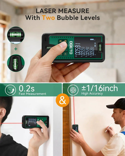 Ultra Precise Laser Distance Meter with 165 Feet Range showing dual bubble levels and backlit LCD in use by contractors.